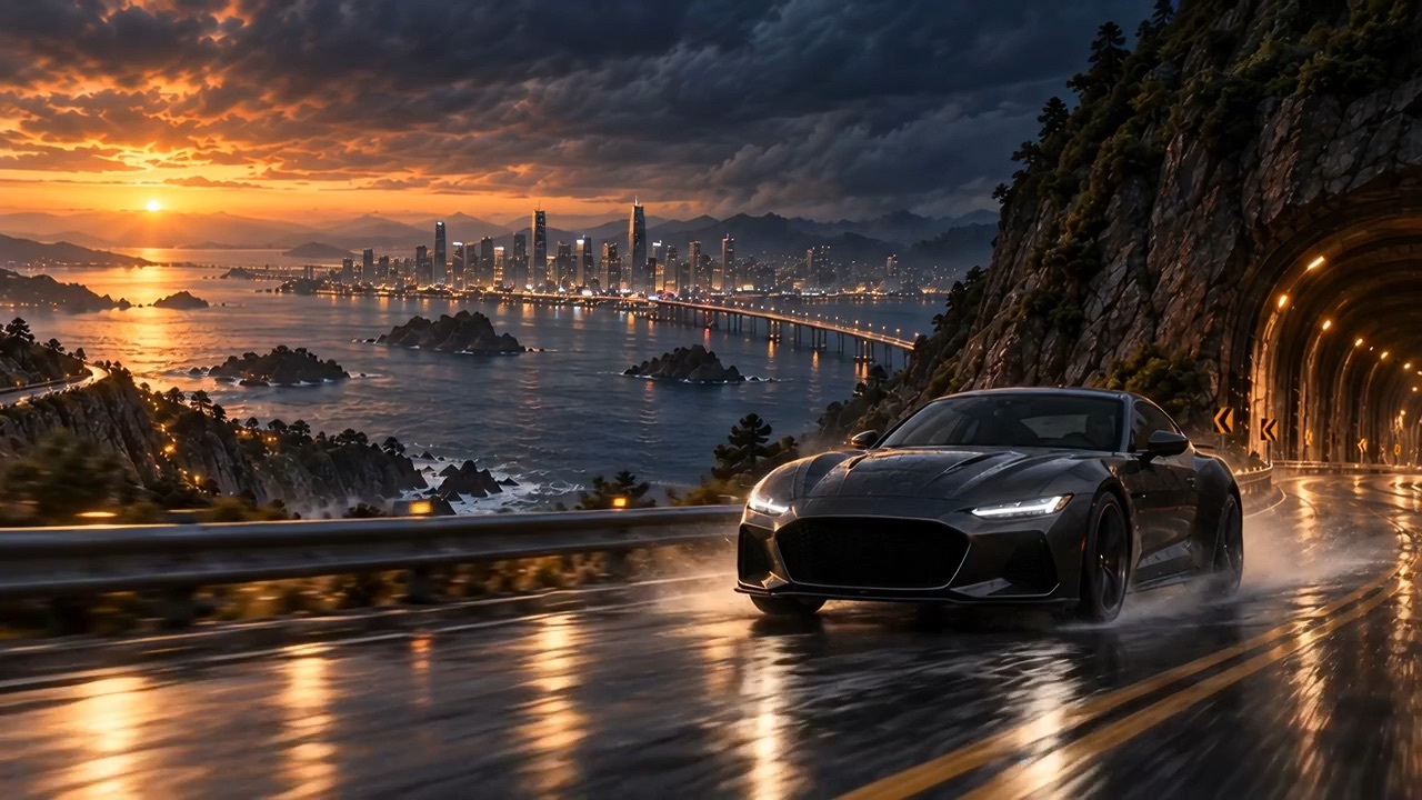 A world beyond the bend: an original graphite coupe on a wet road in a fictional coastal city