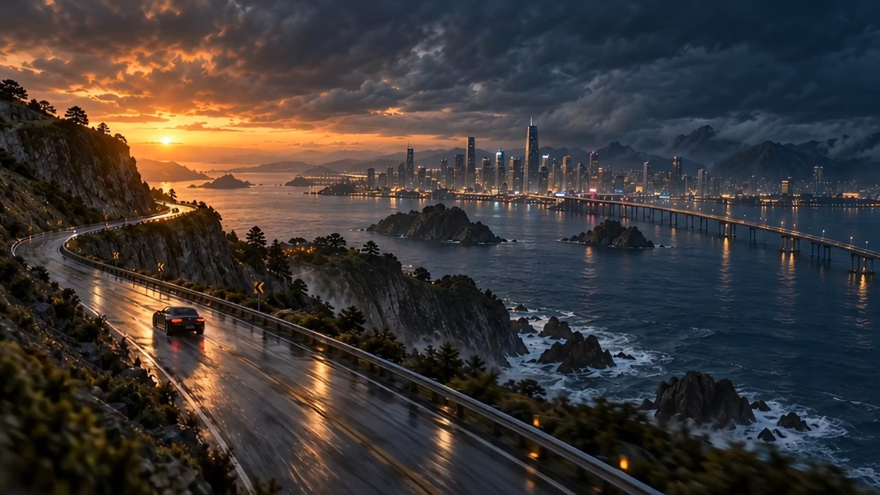 The road into the city: an original graphite coupe on a wet road in a fictional coastal city