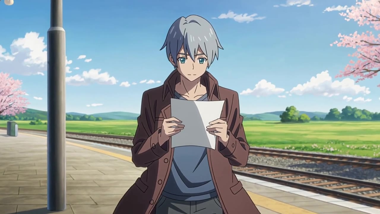 An original anime character with silver hair reading a letter on a train platform
