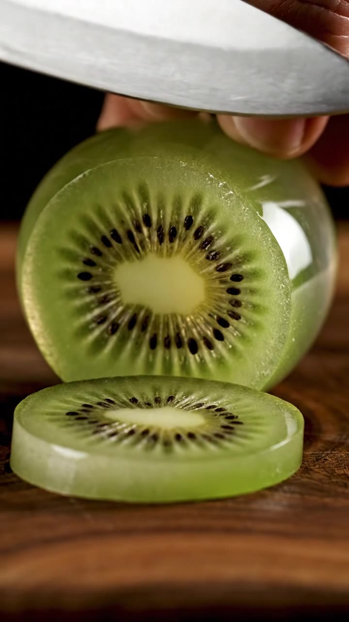 A knife slicing a translucent green kiwi on a dark wooden board