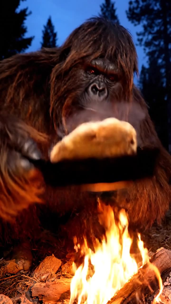 Bigfoot by a campfire at dusk holding a pan with a blueberry pancake, finger to his lips