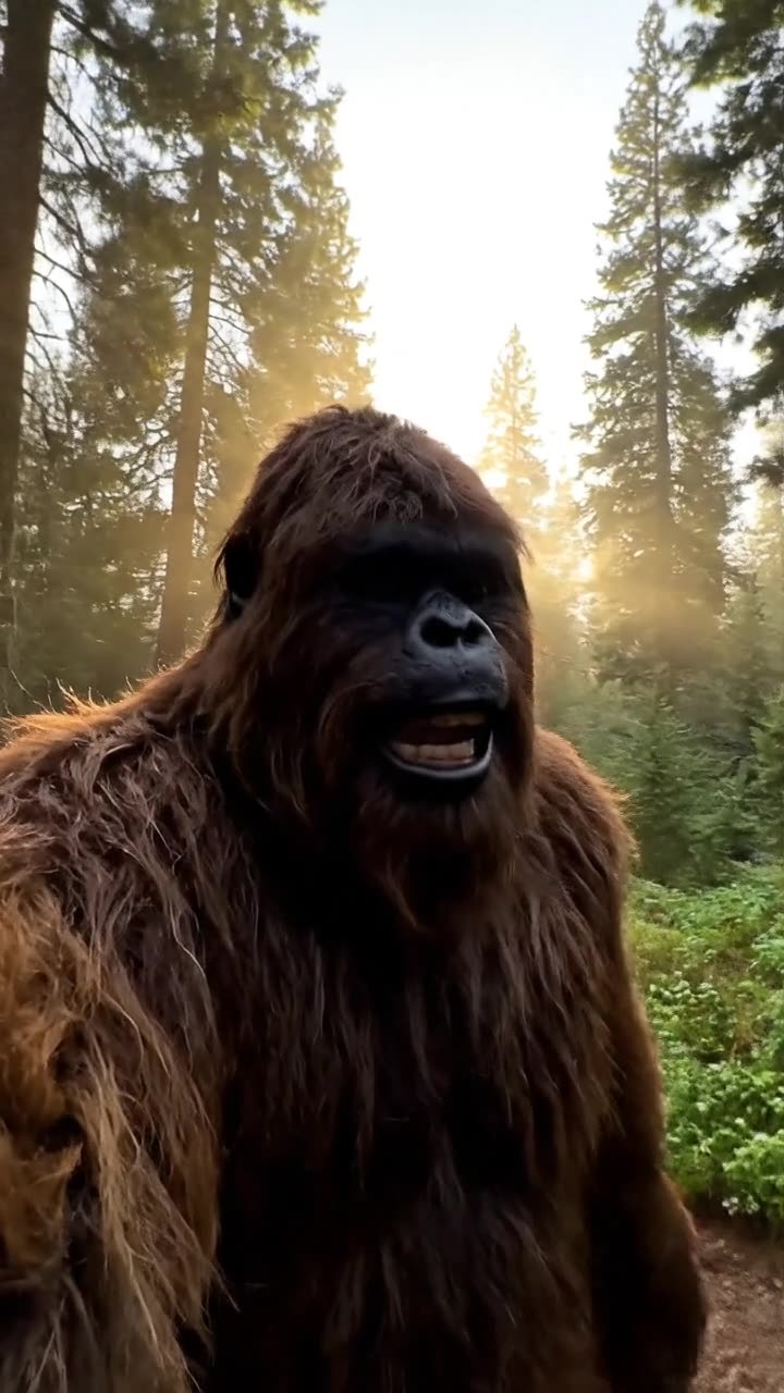 A shaggy Bigfoot filming a selfie video in a pine forest at sunrise