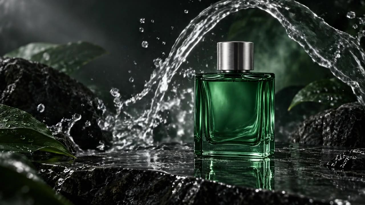 Perfume product video: glass, reflections, gentle orbit