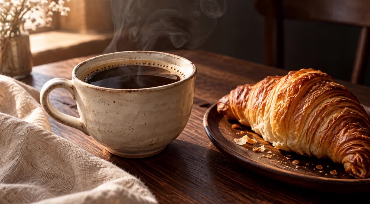 A ceramic coffee cup with rising steam beside a croissant on a wooden table in warm light