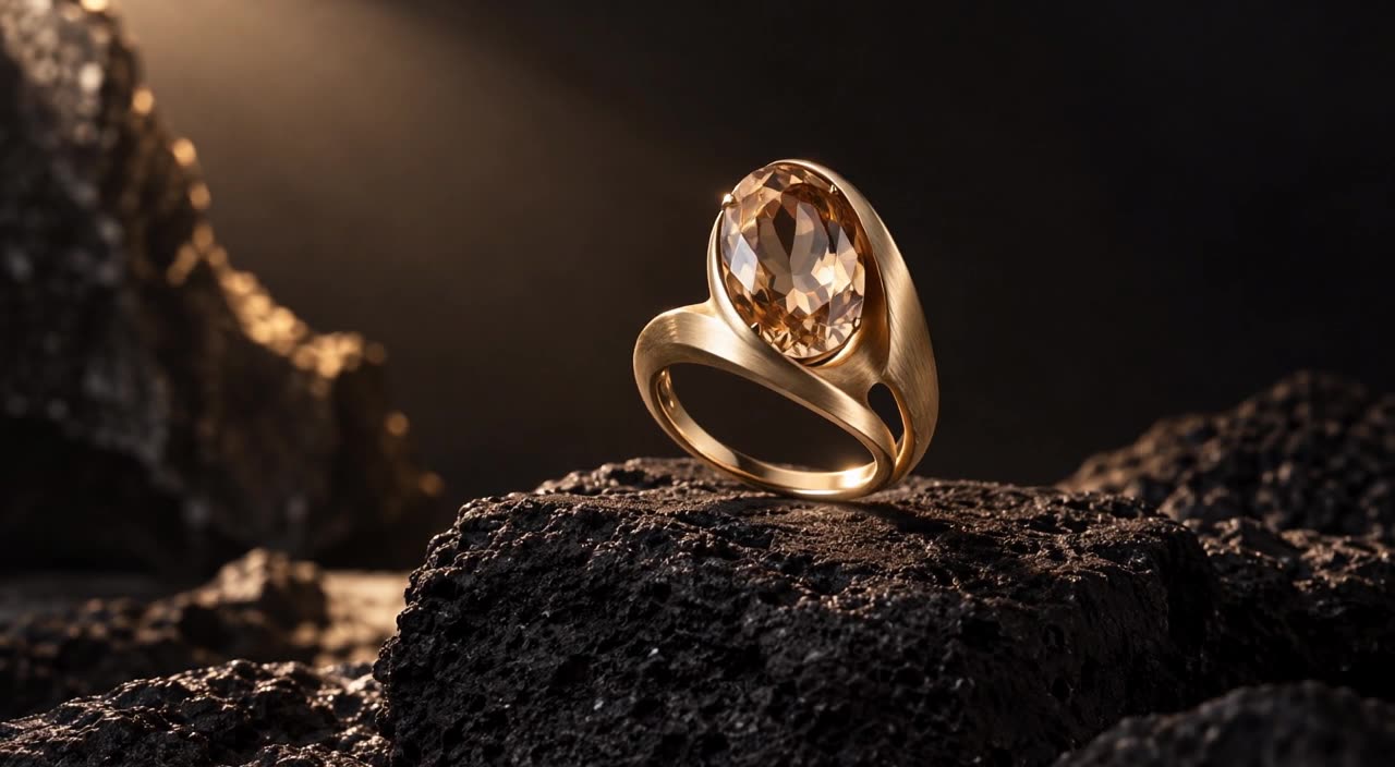 A gold ring with a champagne stone on dark volcanic rock under a narrow beam of light