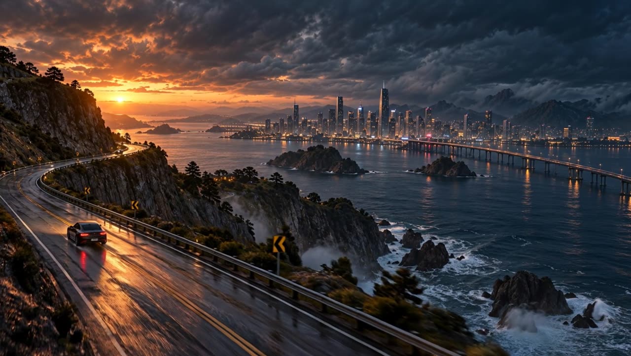 A graphite coupe on a wet cliff road above a bay, with a city skyline and a bridge at sunset