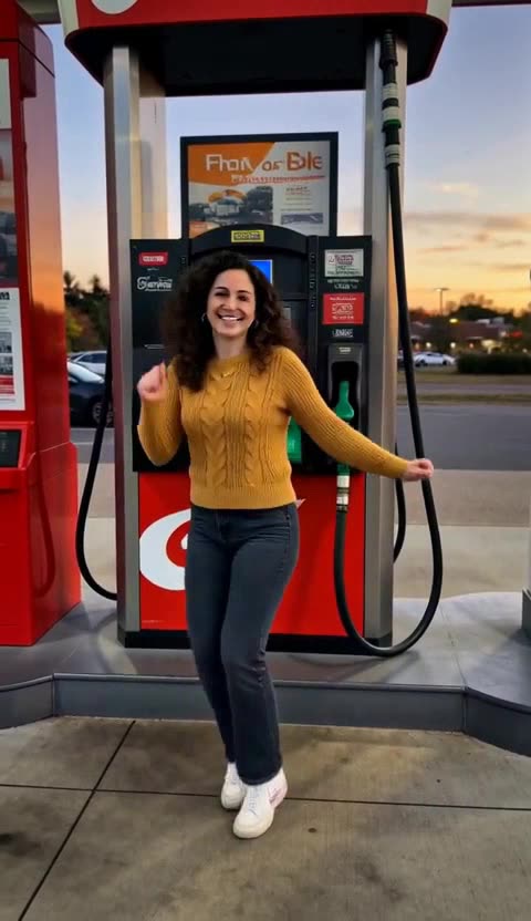 A woman in a mustard sweater dances beside a red fuel pump at a gas station at dusk