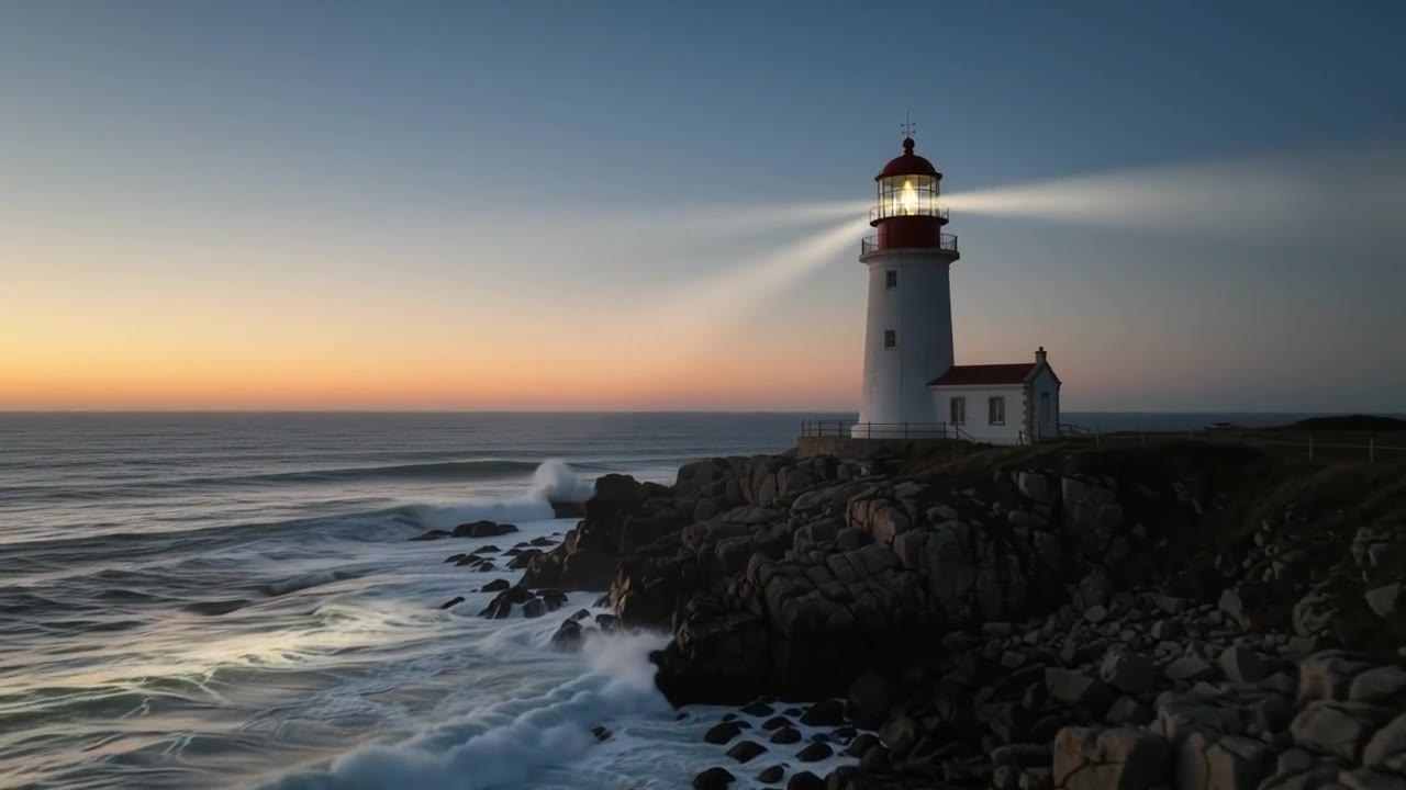 A white lighthouse on rocks at dusk with its beam sweeping over the sea