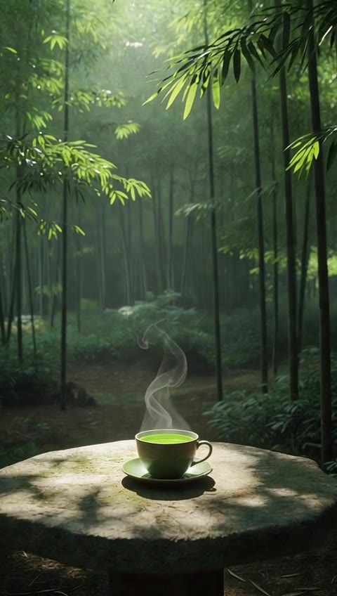 A steaming cup of green tea on a stone table in a bamboo forest