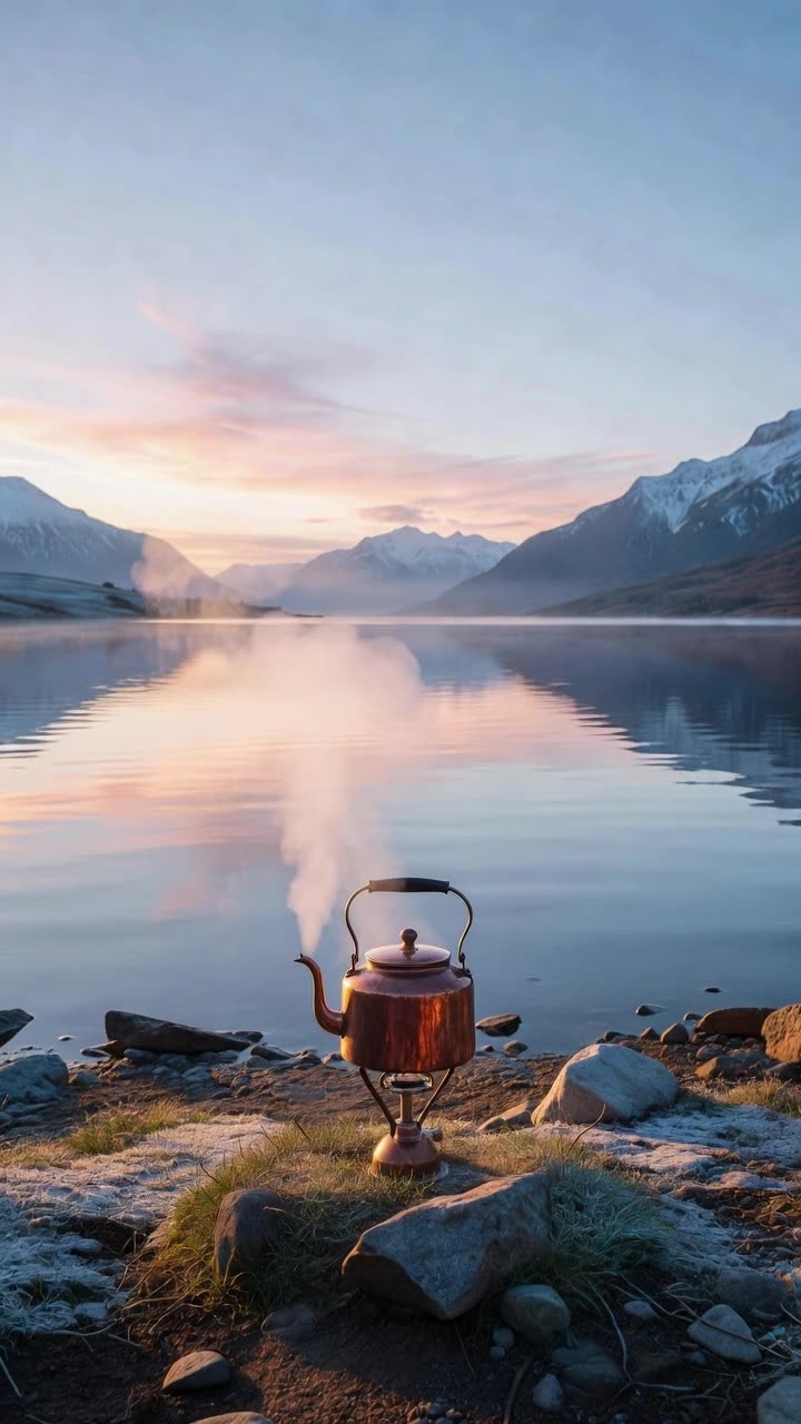 A copper kettle on a camp stove steaming beside a mountain lake at sunrise