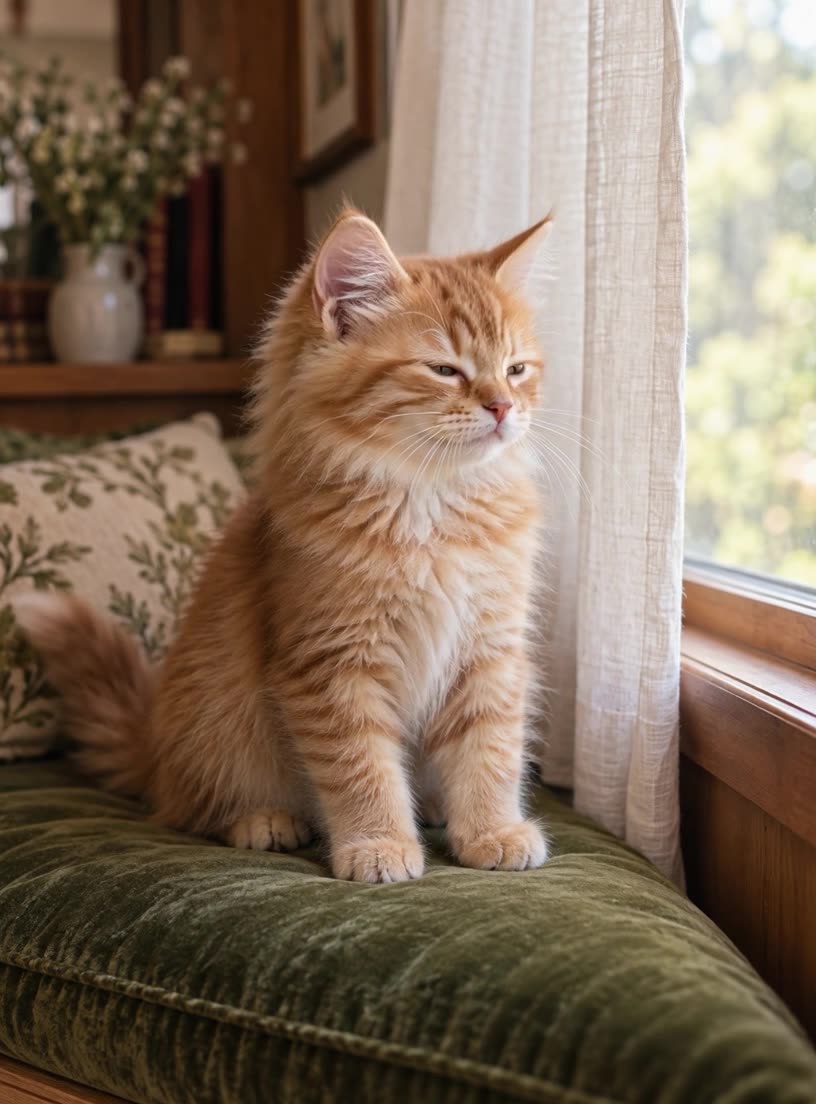 A ginger kitten on a green cushion turning its head toward a sunlit window