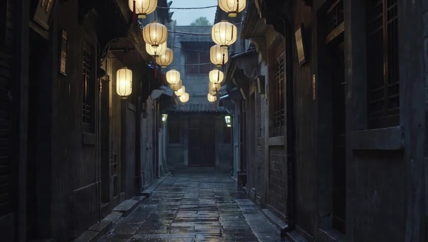 Rows of glowing paper lanterns above a narrow wet stone alley at dusk