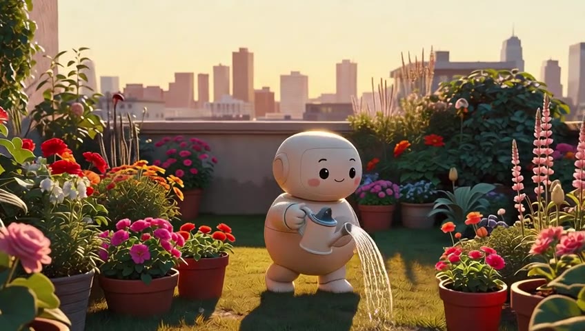 A small round robot watering flowers in a rooftop garden with a city skyline