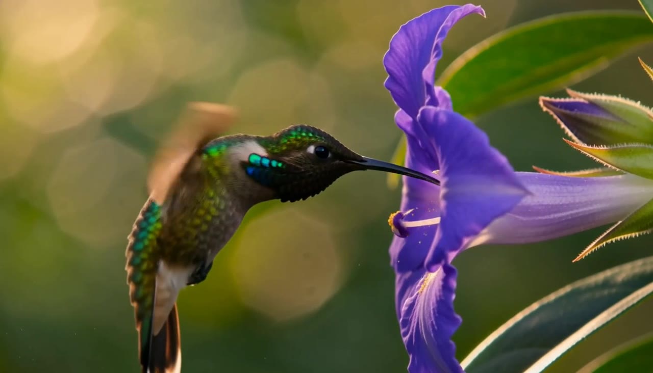 A hummingbird hovering beside a purple flower with soft green bokeh