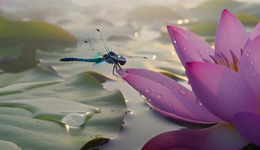A dragonfly on a lily pad next to a pink lotus flower with dew drops