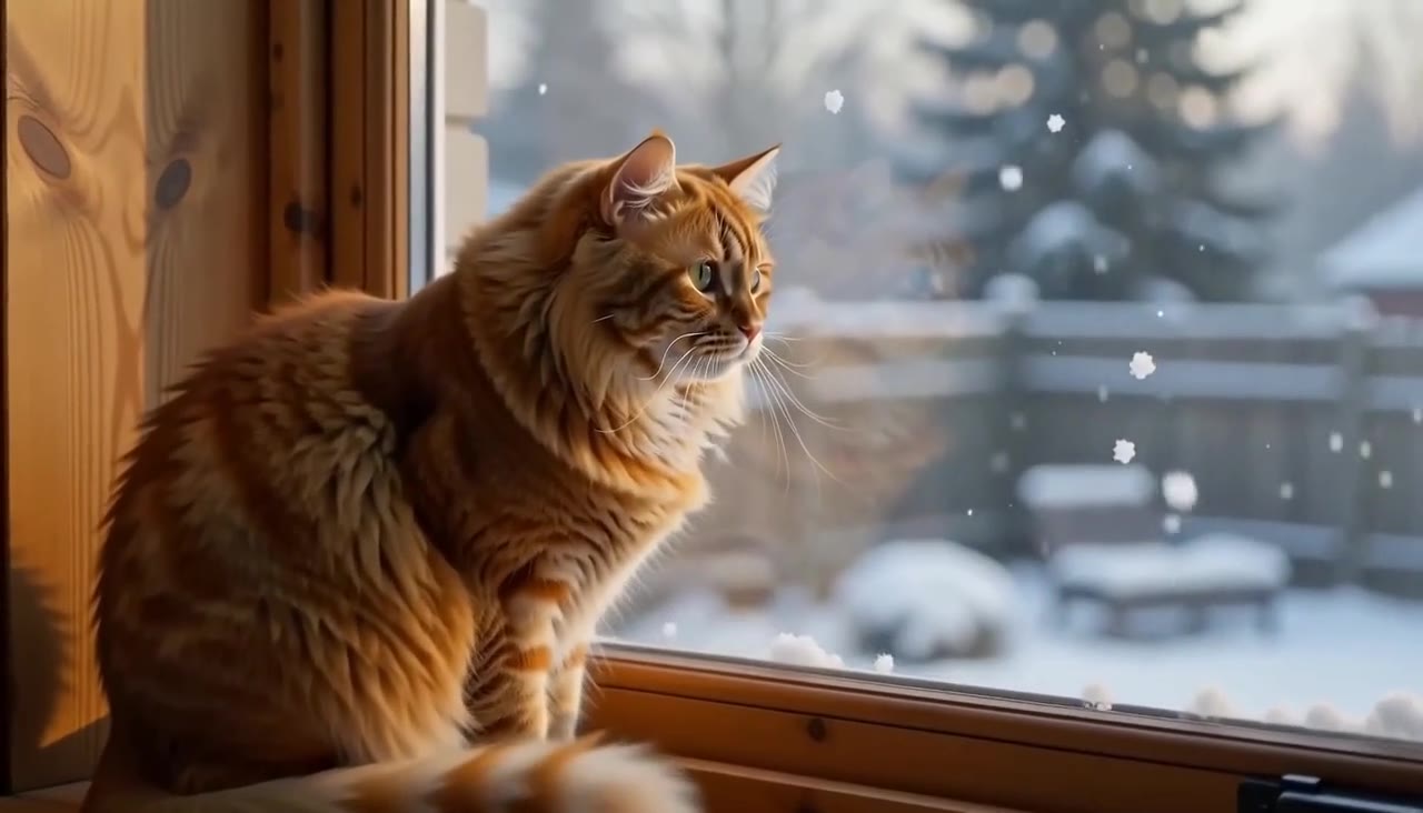 A ginger cat on a wooden windowsill looking out at falling snow