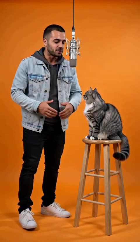 A man in a denim jacket raps beside a tabby cat sitting on a wooden stool under a hanging microphone in an orange studio