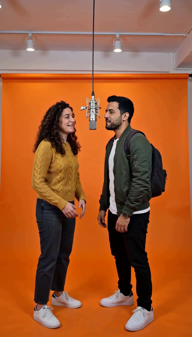 A woman in a mustard sweater and a man in a green jacket face each other across a hanging microphone in an orange studio