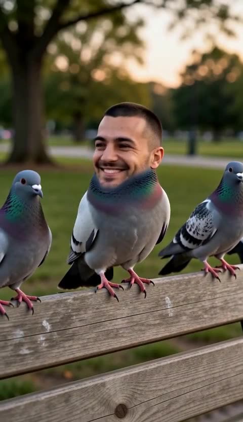 A pigeon with a smiling man's head stands on a wooden park bench between two ordinary pigeons