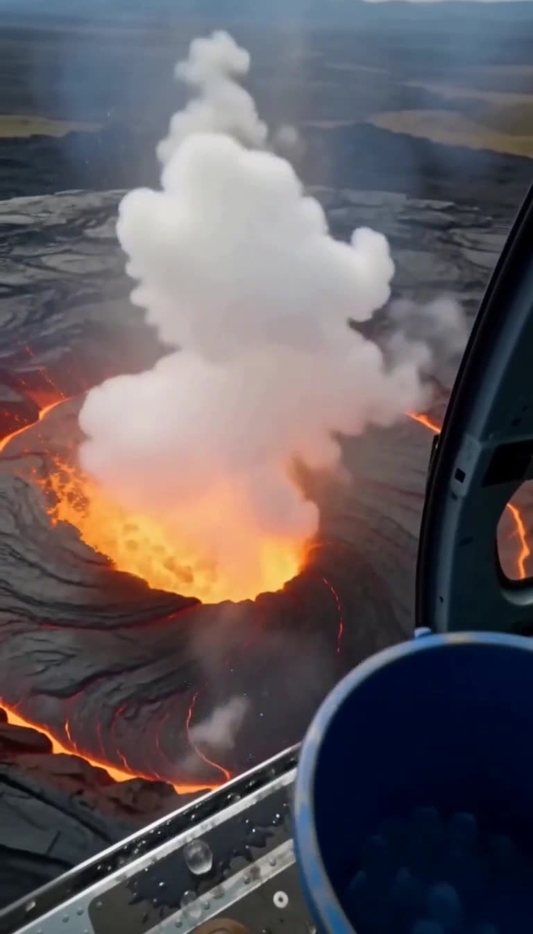 Seen from a helicopter door, a column of white steam rises from a lava crater beside a blue bucket