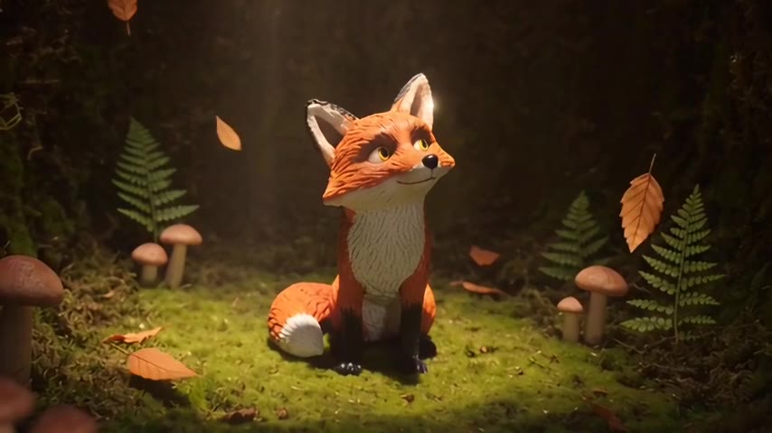 A handmade clay fox in a miniature autumn forest diorama with falling leaves