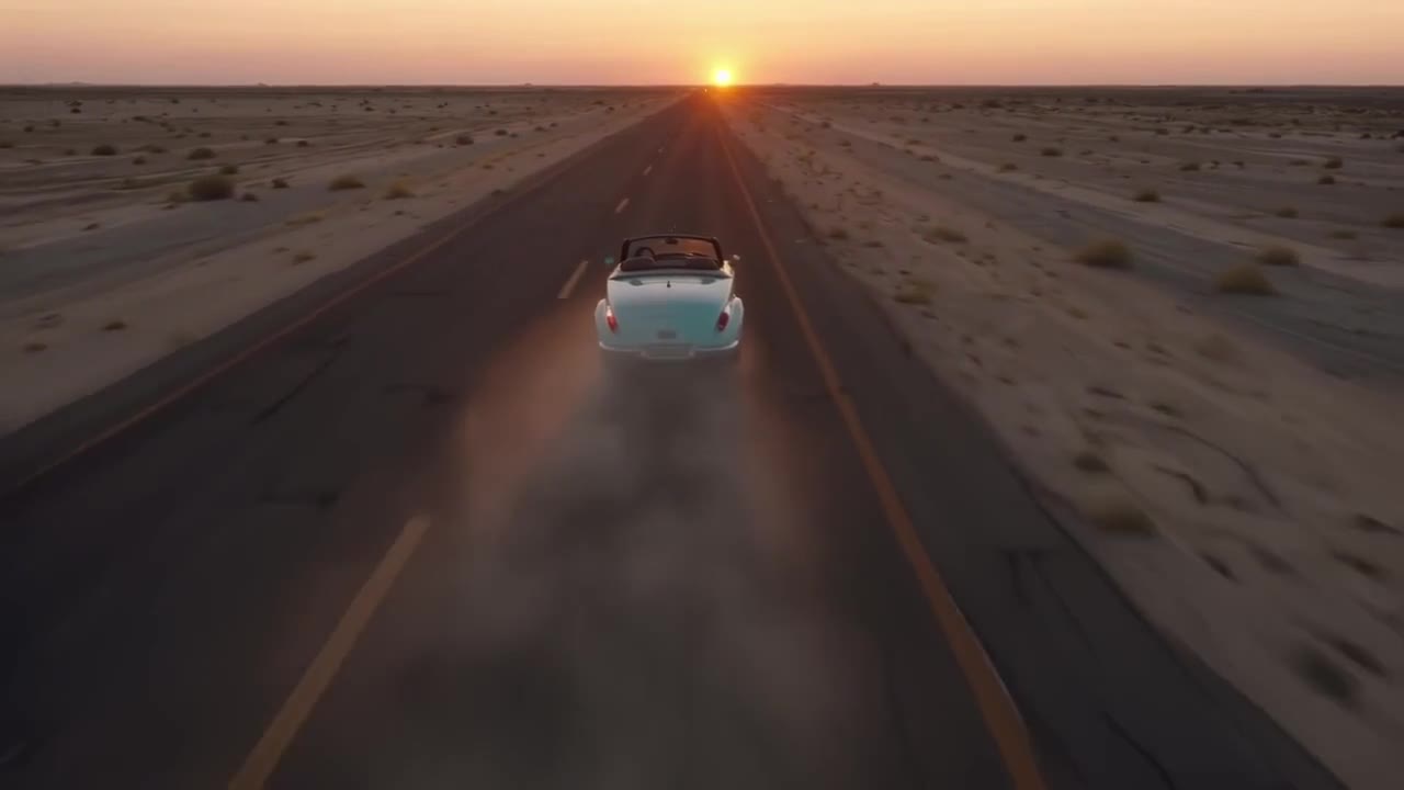 A convertible driving down a desert highway toward the sunset, trailing dust
