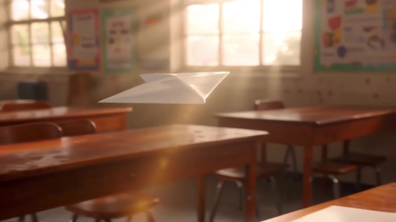 A white paper airplane landing on an open notebook in a sunlit classroom