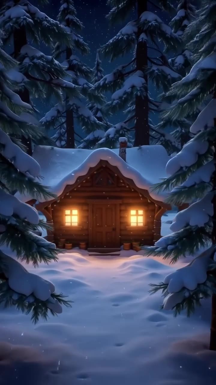 A snow-covered log cabin with warmly lit windows in a pine forest at night