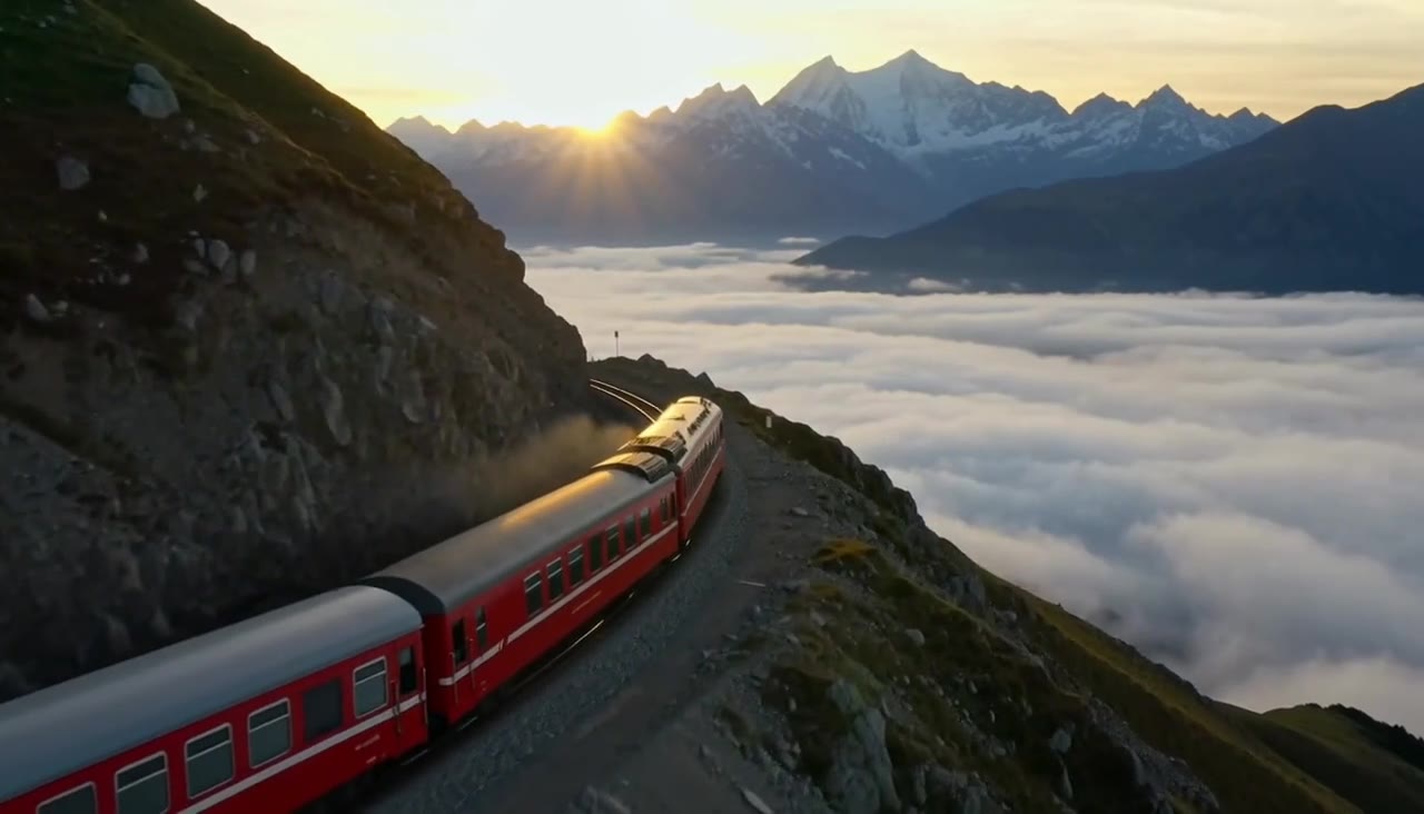 A red train on a mountain railway above a sea of clouds at sunrise