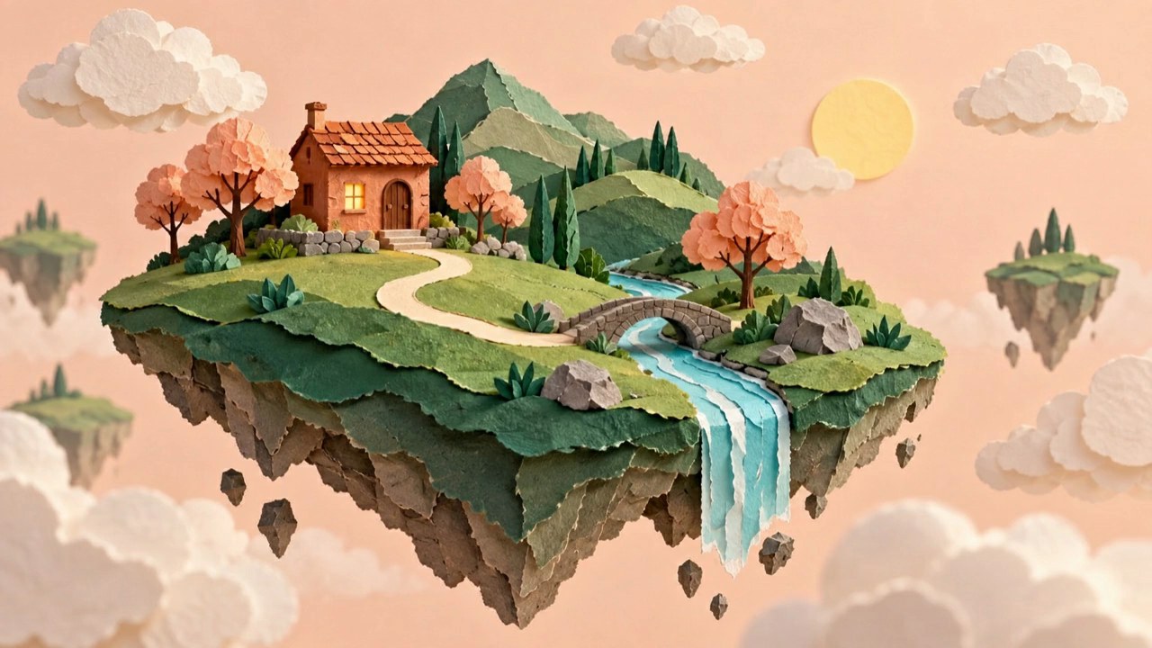 Paper-cut floating island with a cottage, peach clouds and turquoise waterfall
