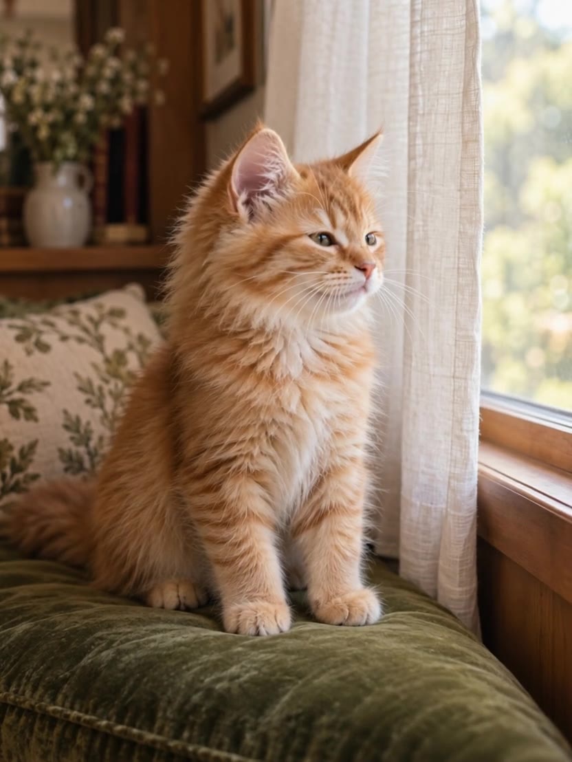 A ginger kitten on a green cushion turning its head toward a bright window