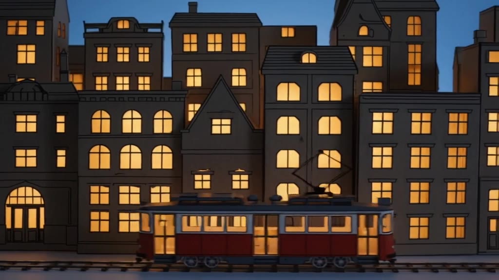 A red tram crossing in front of rows of lit cardboard buildings at blue hour