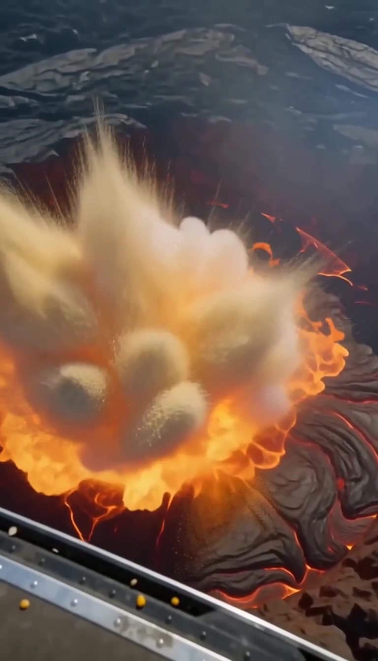 Seen from a helicopter door, a glowing lava crater erupts in a cloud of popcorn