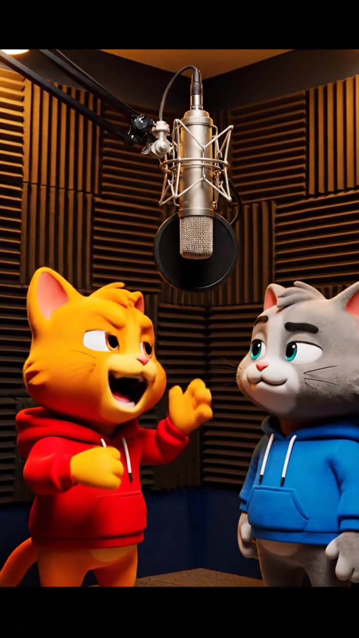 Two cartoon cats in red and blue hoodies rapping at a studio microphone