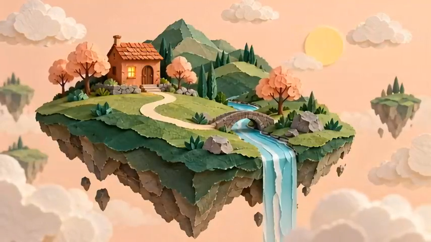 Original paper island illustration with a cottage, stone bridge and turquoise waterfall