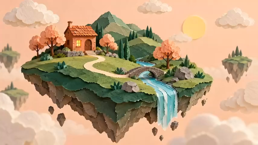 Handcrafted floating paper island with cottage, waterfall and peach clouds