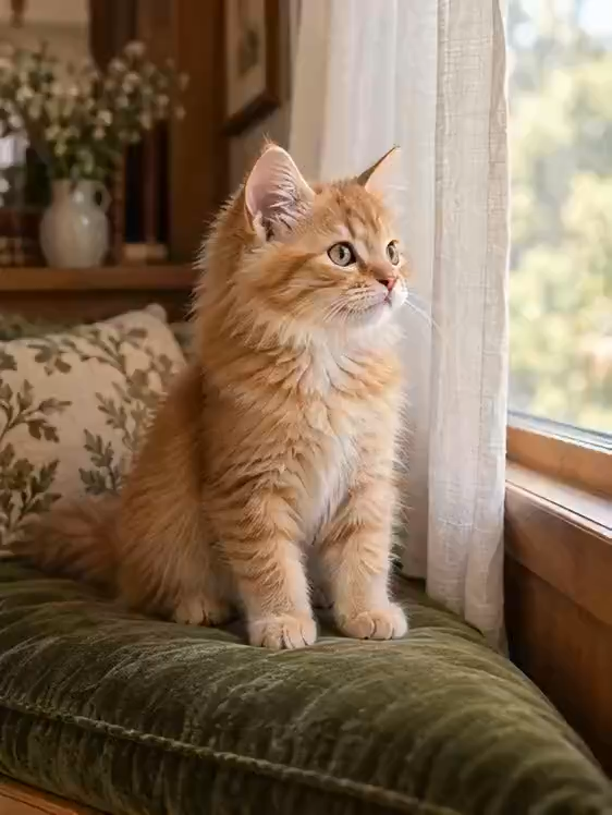 Ginger kitten sitting on a green cushion beside a sunlit window
