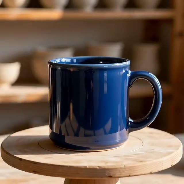 A glossy deep-blue ceramic mug on a wooden turntable in a pottery studio