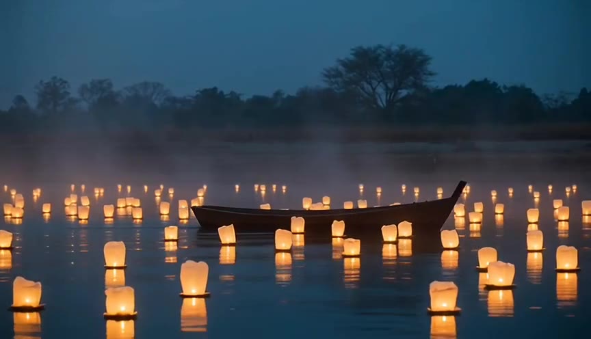 Glowing paper lanterns floating on a misty river around a wooden boat at dusk