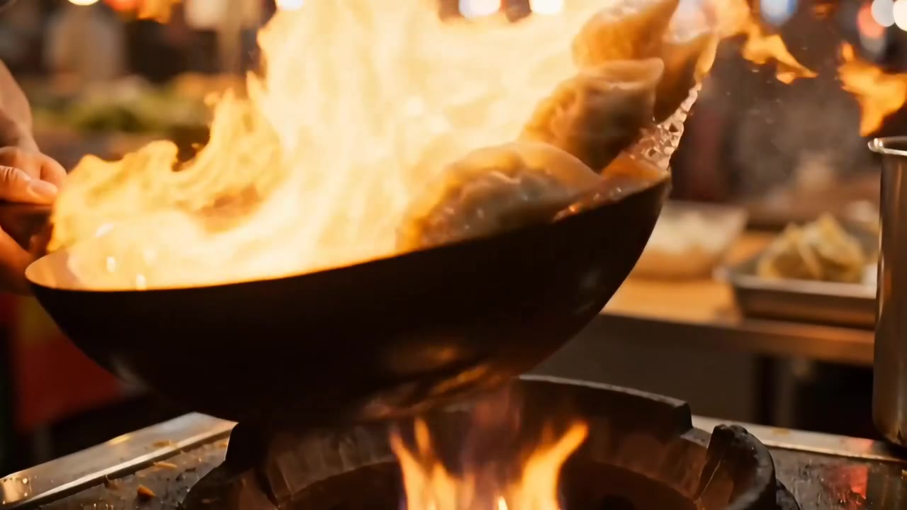 Dumplings and flames leaping from a black wok at a lantern-lit night market