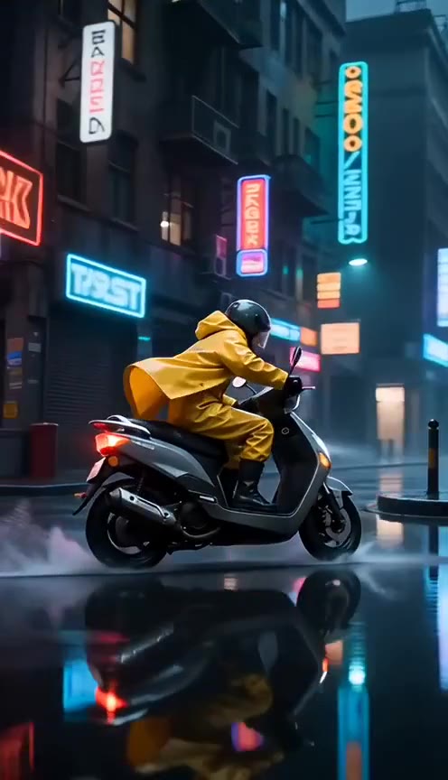 A rider in a yellow raincoat on a scooter in a rainy neon-lit street