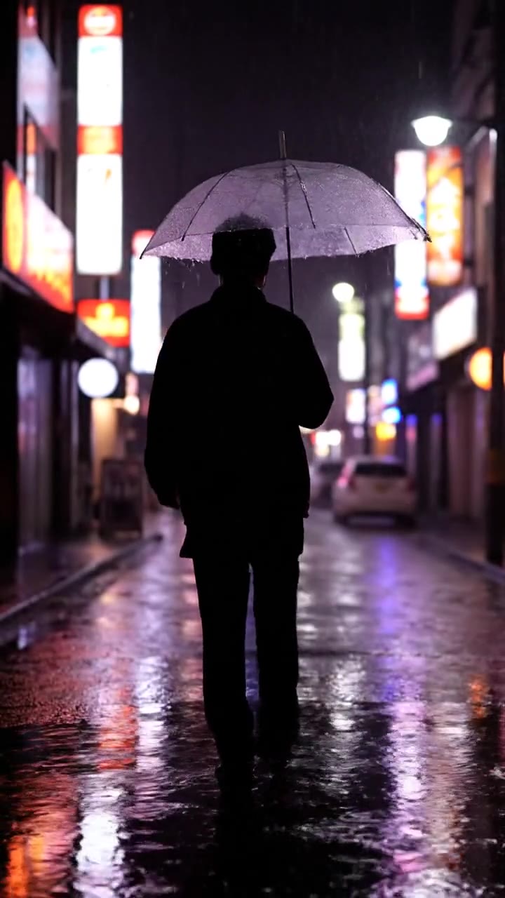 A person with a clear umbrella walking away down a rainy neon-lit street at night