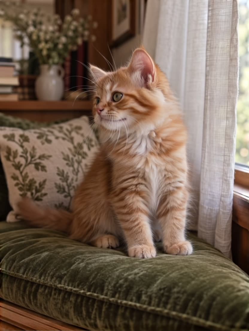 A ginger kitten on a green cushion by a window turning its head