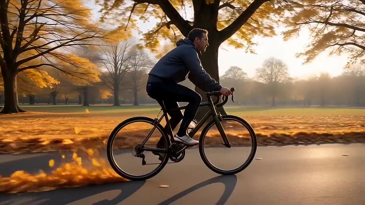 A cyclist riding along an autumn park path with golden leaves swirling