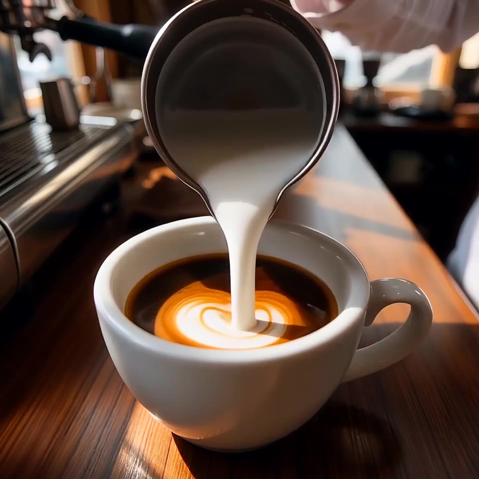 Steamed milk being poured into an espresso cup, forming latte art