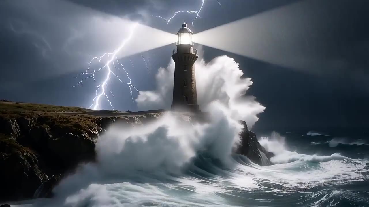 Huge waves crashing below a lighthouse at night with lightning in the sky
