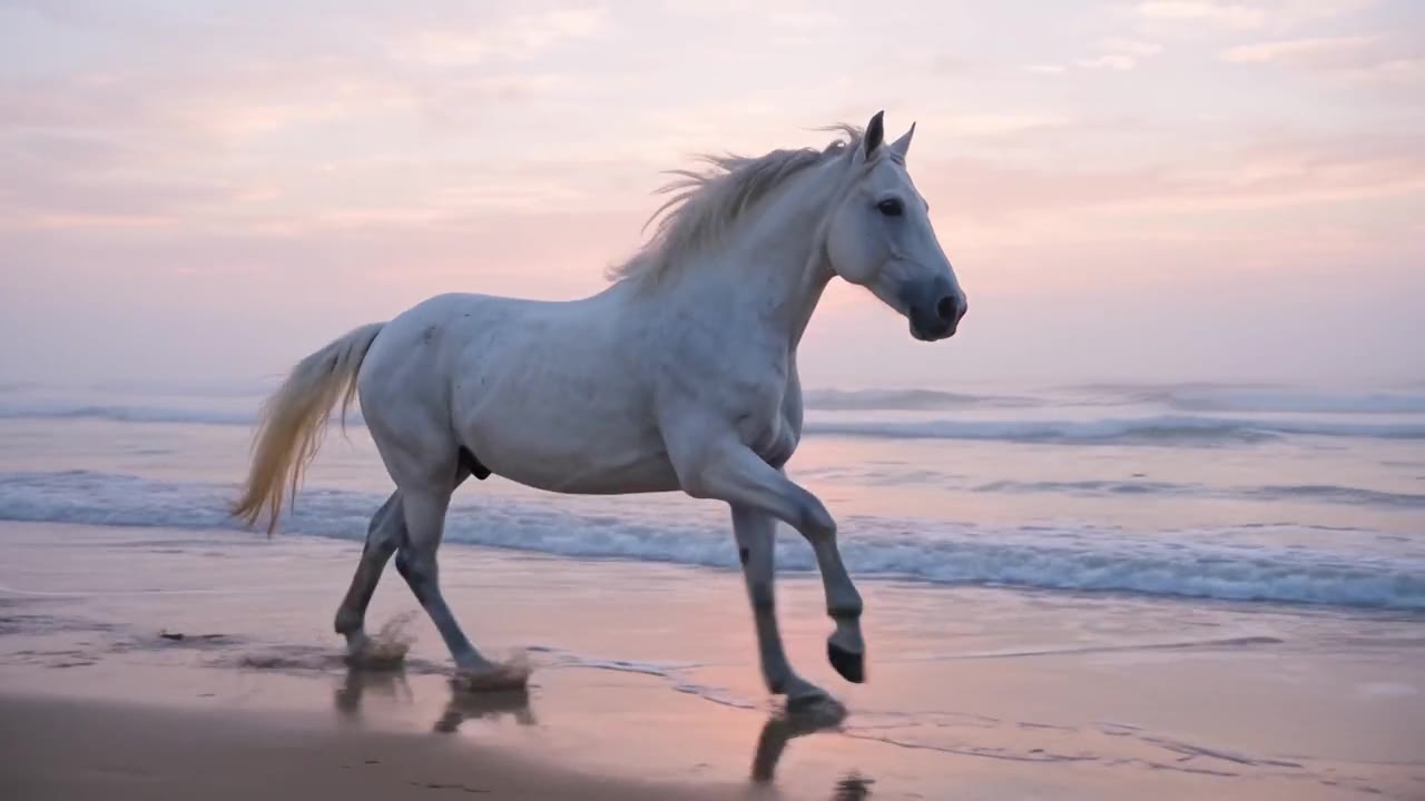 A white horse galloping along a misty beach at dawn