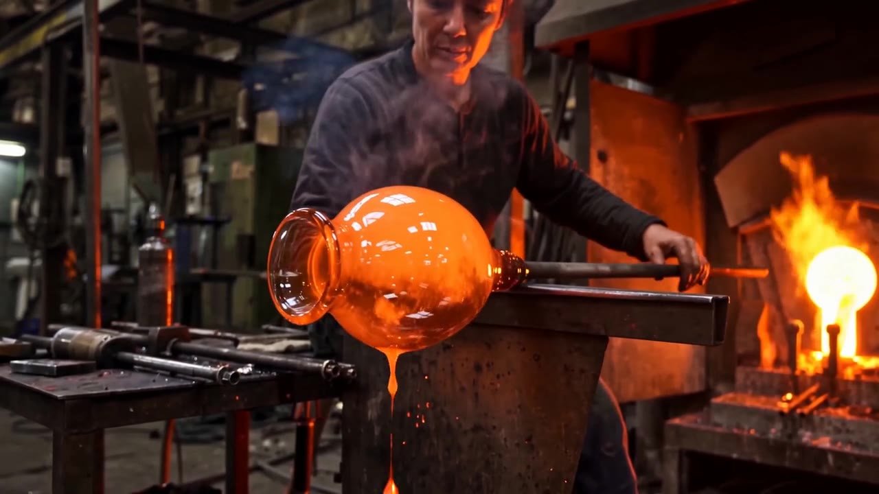 A glassblower holding a glowing orange glass vase on a pipe next to a furnace