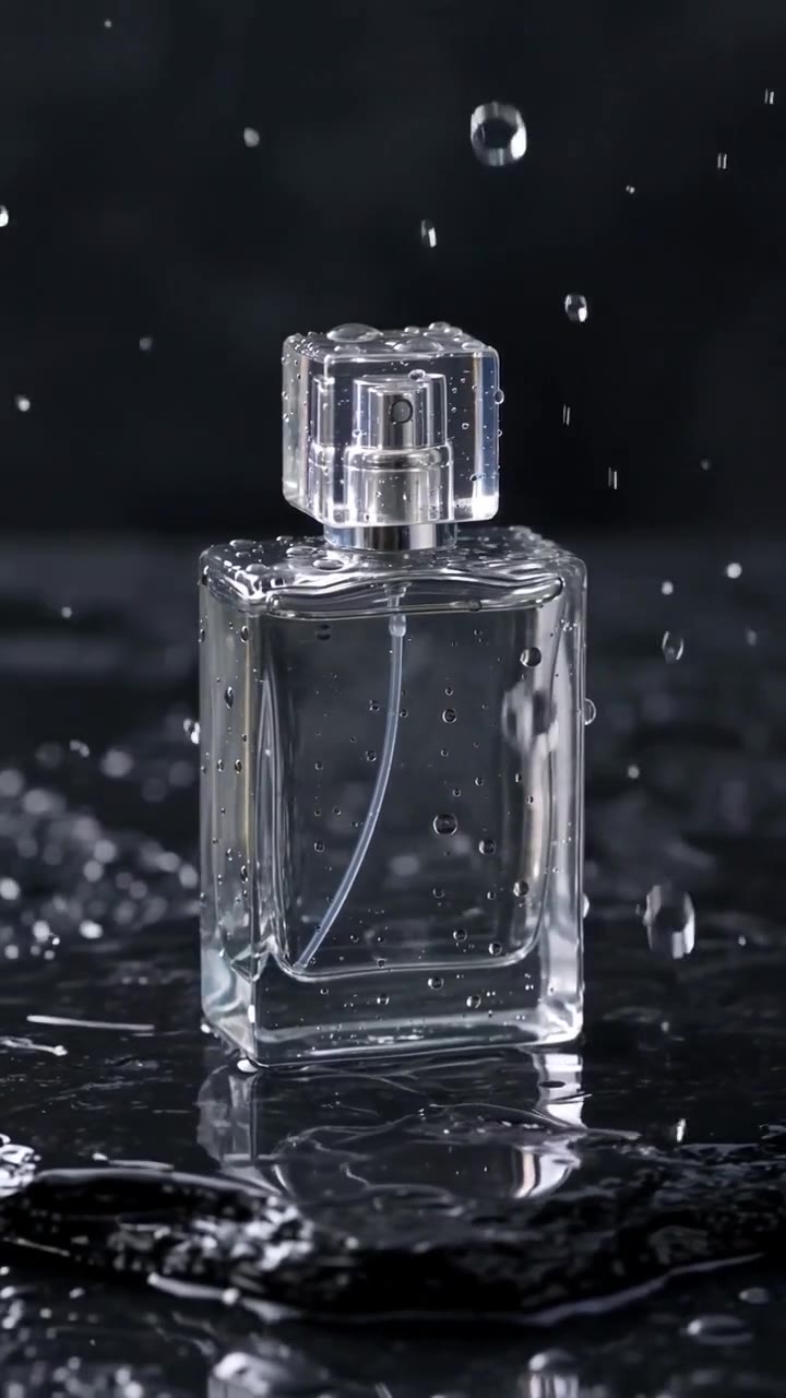 A clear glass perfume bottle on wet black stone with water drops falling around it