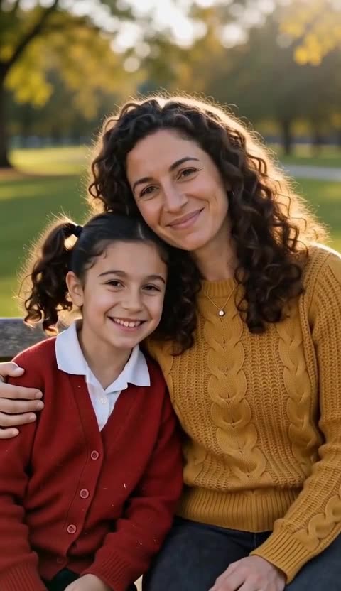 A woman with curly hair hugs a girl in a red cardigan on a park bench in warm afternoon light